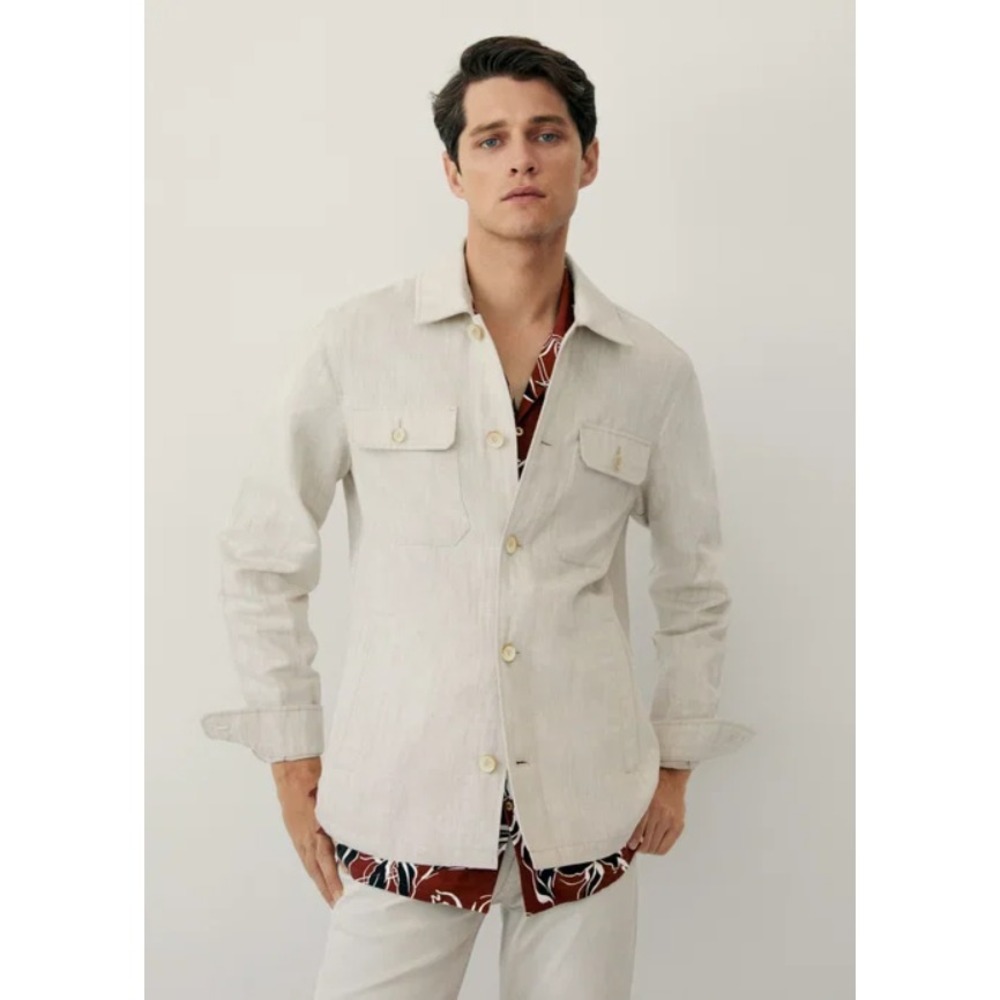 Mango Man Linen Cotton Blend Overshirt Button Up Long Sleeve Casual Cream Small